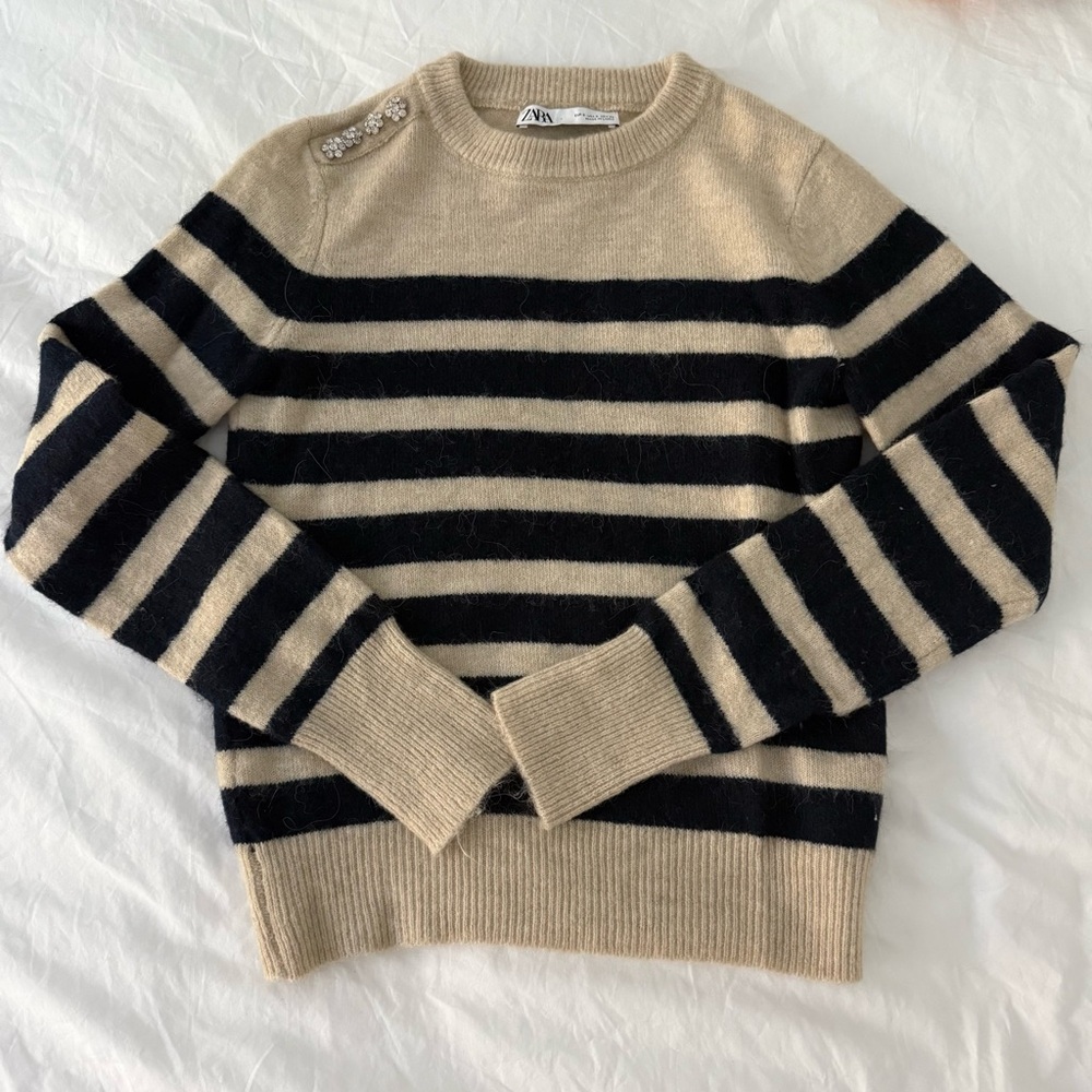 Zara Striped Sweater With Rhinestone Buttons on Shoulder